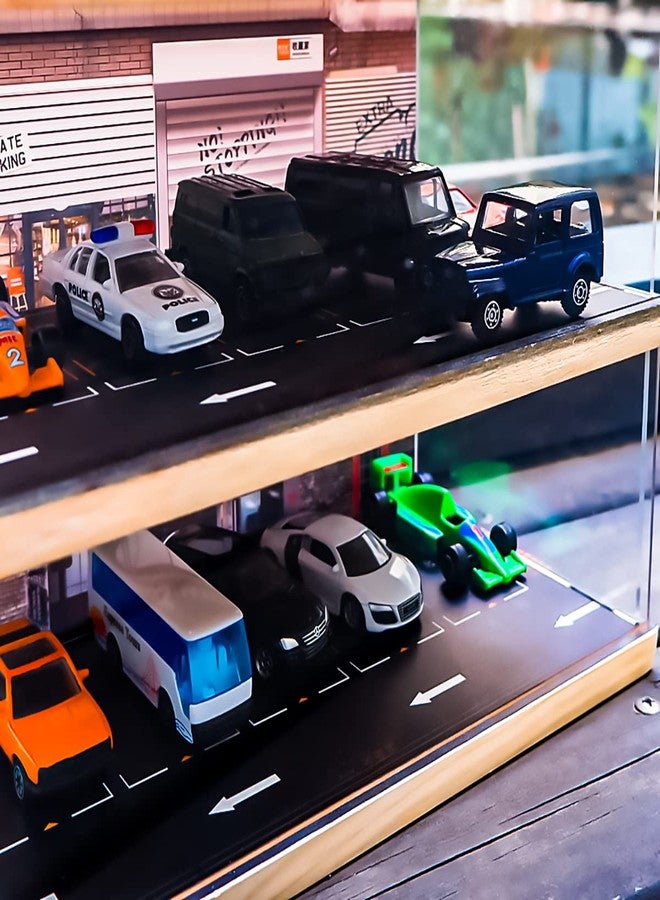 kivcmds 1:64 Scale 4-Tiers Vehicle Model Display Case for Sports Car and Lego Model Collectors, Display Stand for Alloy Car Model Toy with Parking Lot Scene (4-Tiers Auto Repair Store Scene) - Image 3